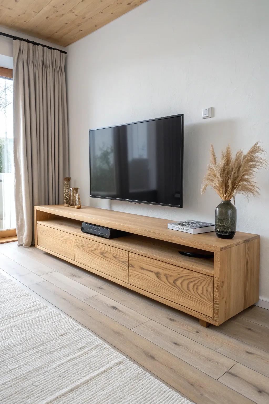 Long, low oak slab console: calm, minimalist TV stand styling with one vase and beautiful grain.
