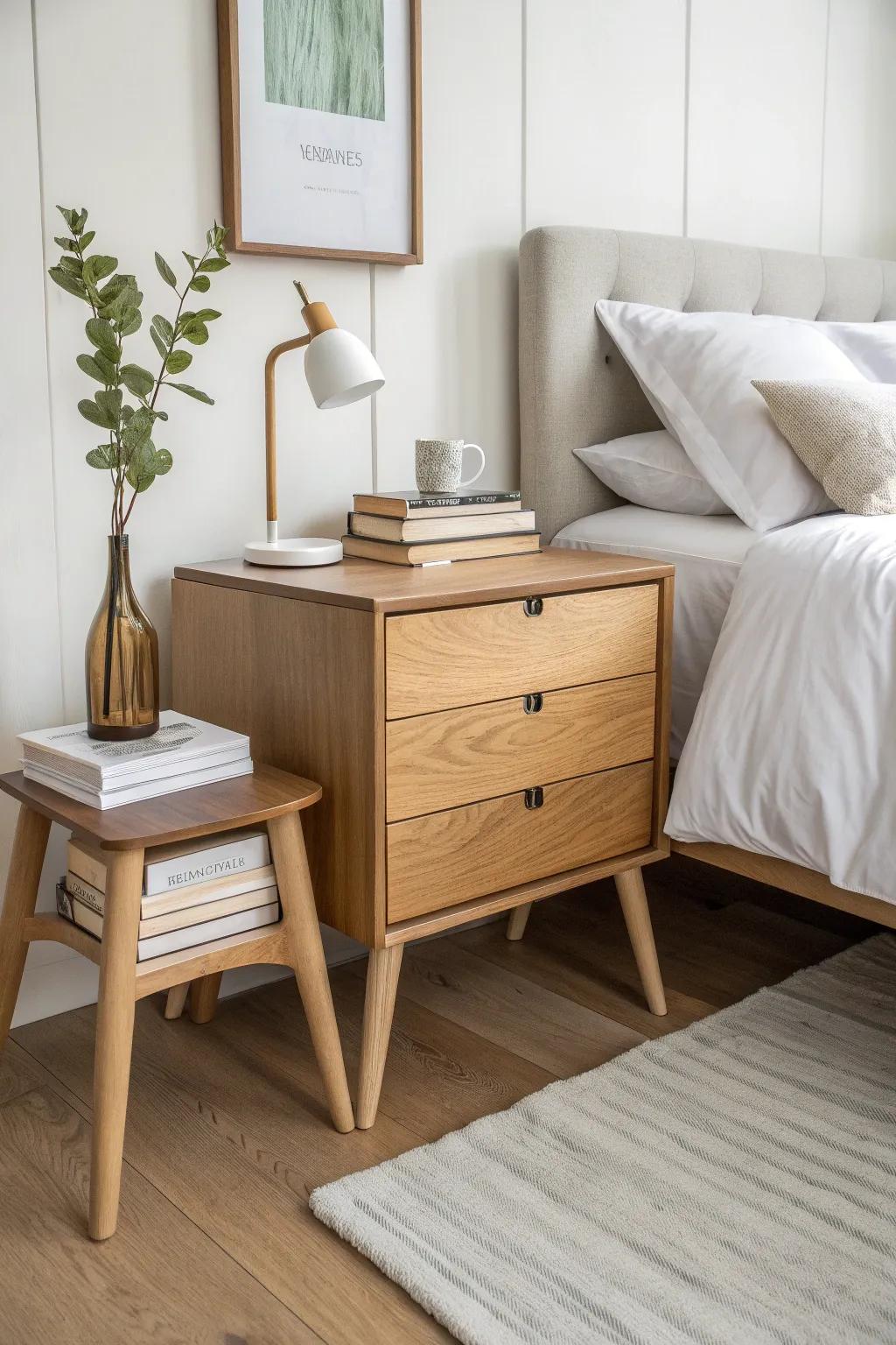 Keep mismatched nightstands looking intentional by aligning the tops within a couple inches.