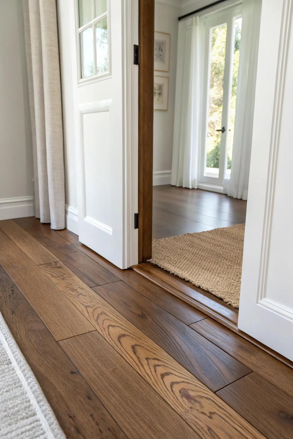 A clean two-tone hardwood seam at the doorway—light oak to deep walnut for a calm, zoned flow.