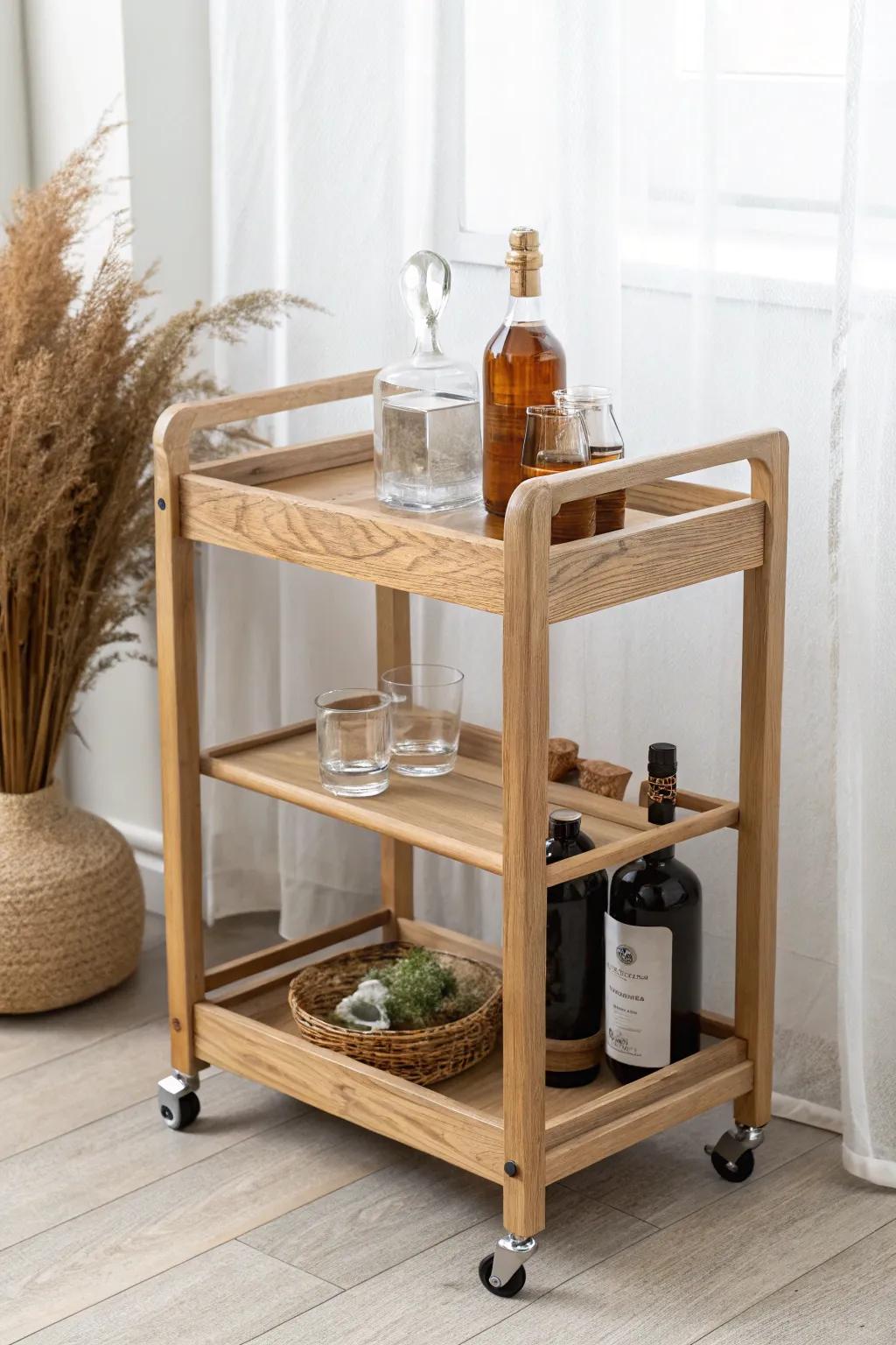 Classic oak rolling bar cart with locking casters—clean lines, cozy boho warmth, built to glide.