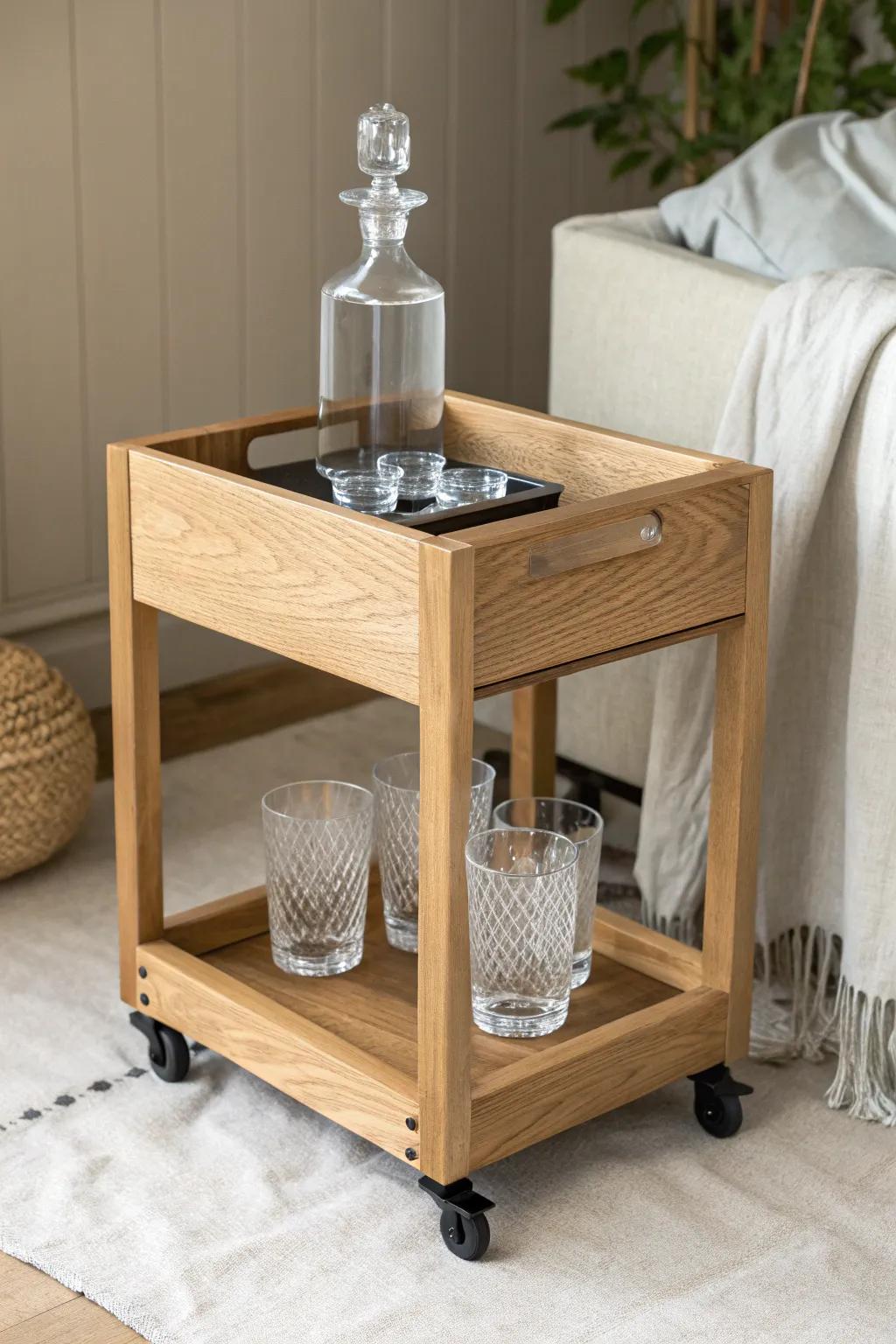Classic rolling oak bar cart with butcher-block top—minimal, mobile, and beautifully crafted.
