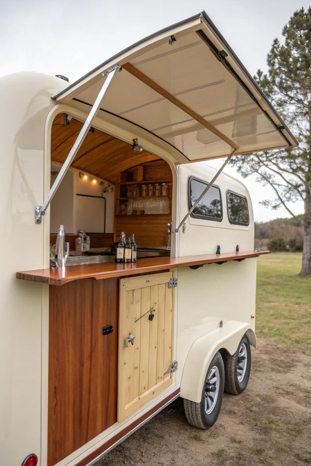 Classic horse trailer bar with lift-up hatch and thick wood counter—vintage charm, modern ease.
