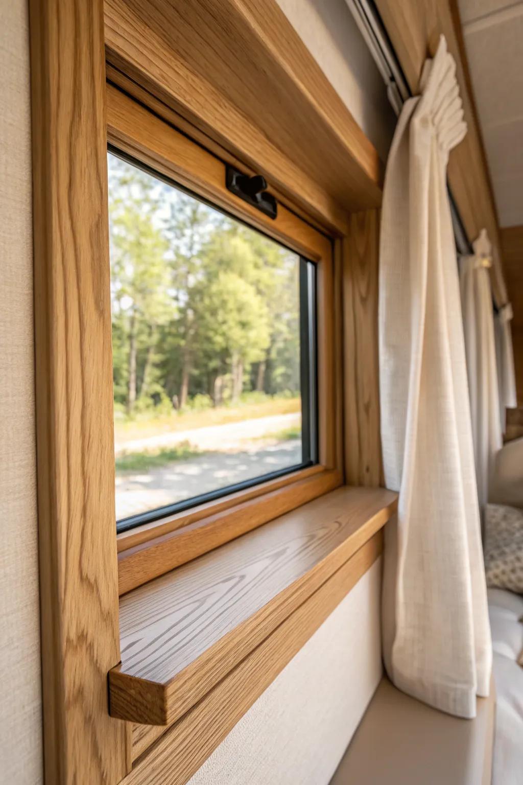 Chunky Craftsman window casing with a deeper wood sill—simple, solid, and beautifully architectural.