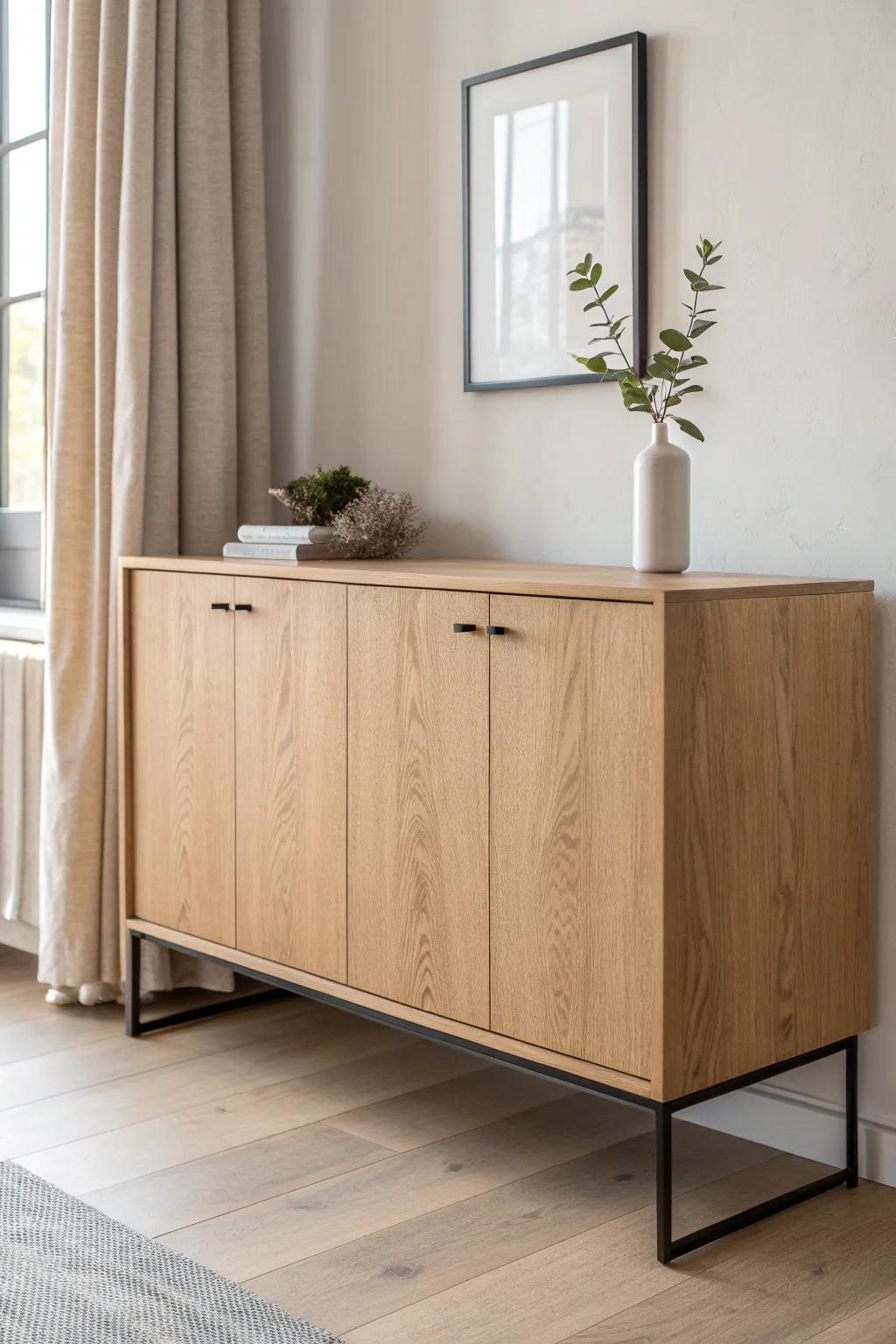 Sleek oak credenza bar cabinet with push-latch doors—flat-front, modern, and timeless.