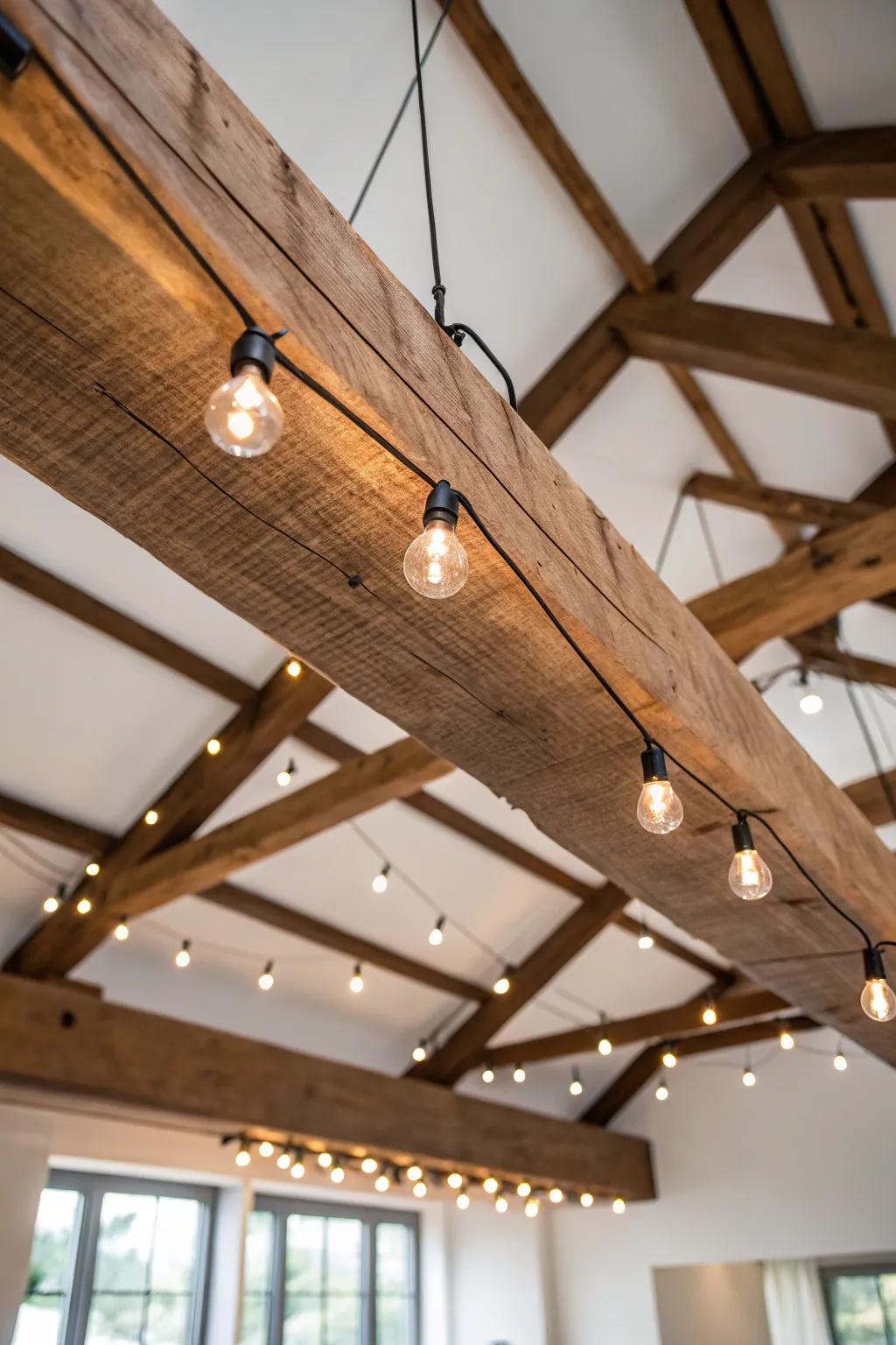 Modern barn romance: warm string lights in a neat geometric canopy on raw timber beams.