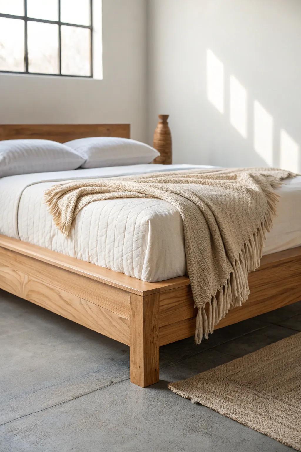 A low oak platform bed that lets natural grain shine—simple, airy, and modern boho.
