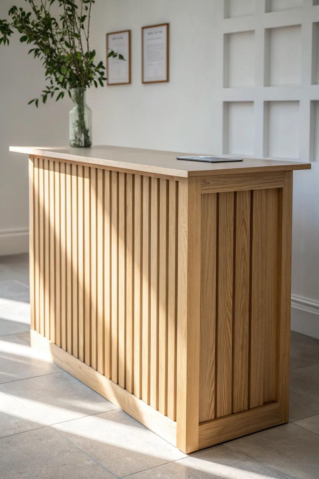A warm, minimalist oak welcome desk that guides guests—beautifully crafted and clutter-free.