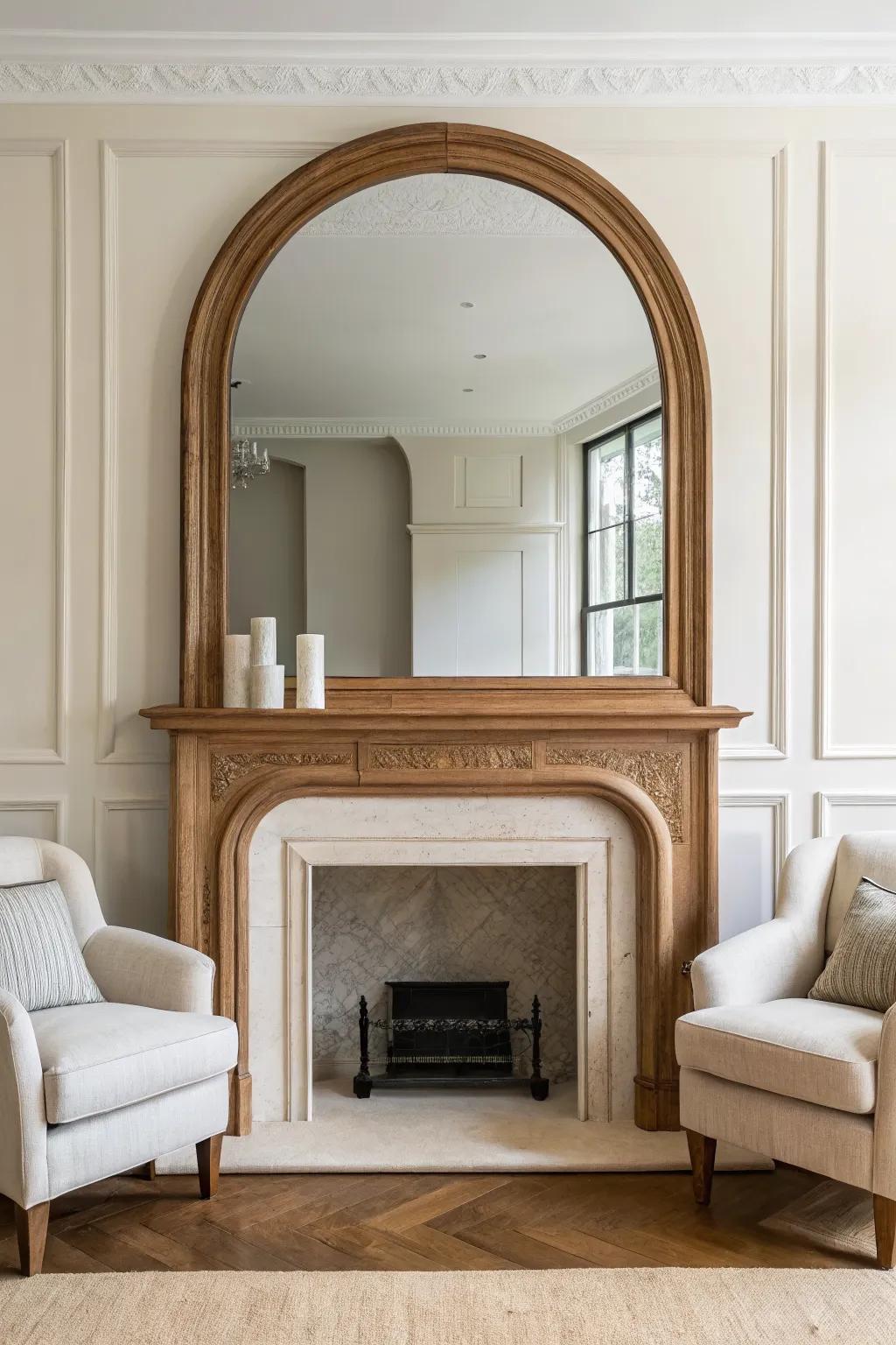 Center one statement piece—an oak-framed mirror—to create instant modern classic symmetry.