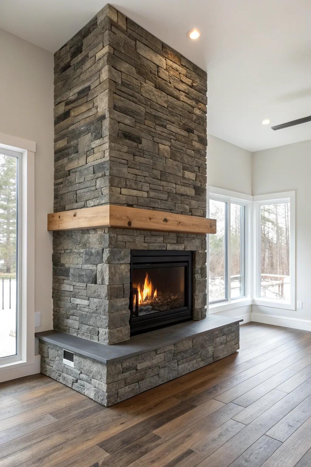 Floor-to-ceiling stacked stone corner fireplace + floating oak mantel for modern, cozy warmth.