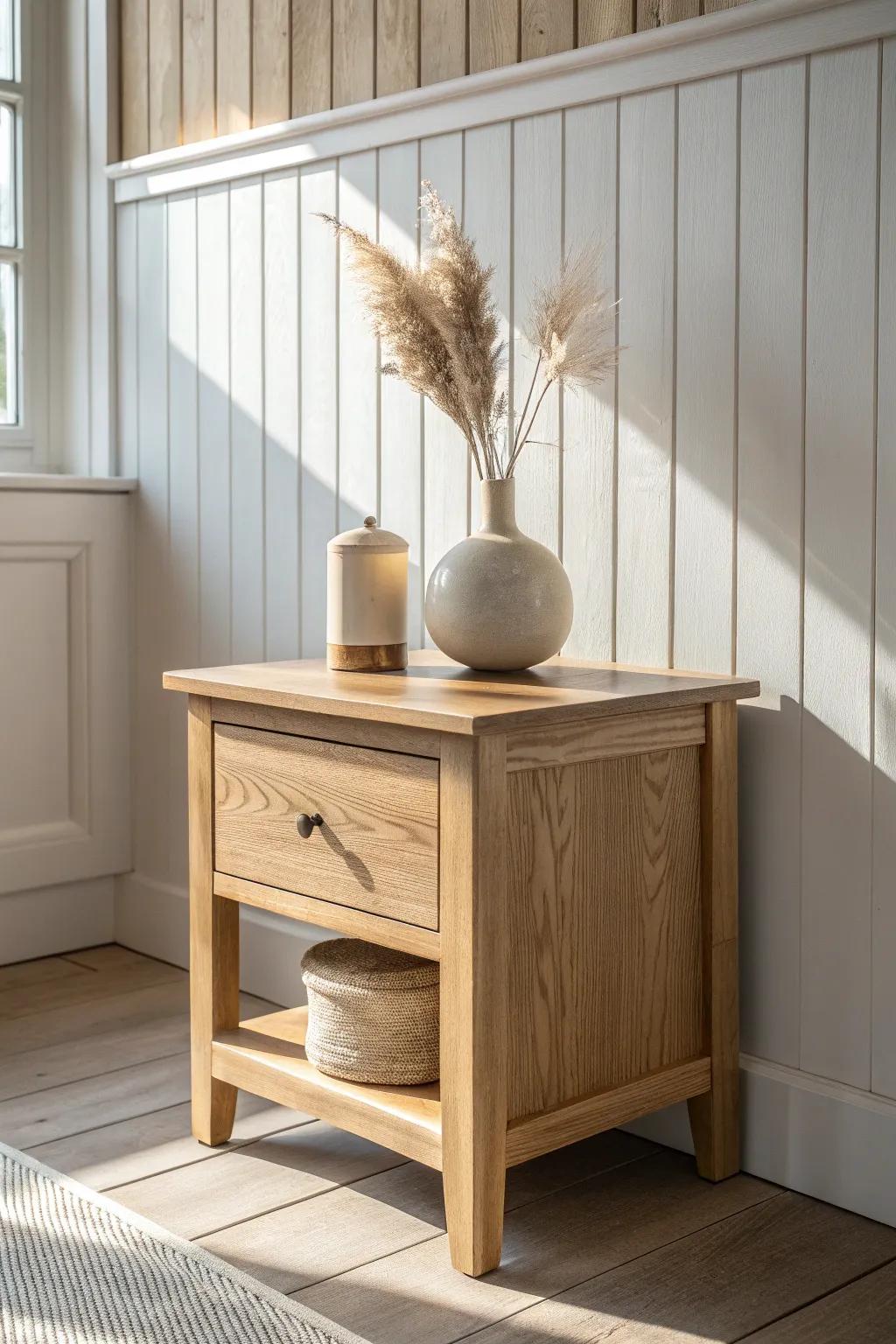 Warm white paneled walls meet light oak craft for an instant modern cottage calm.