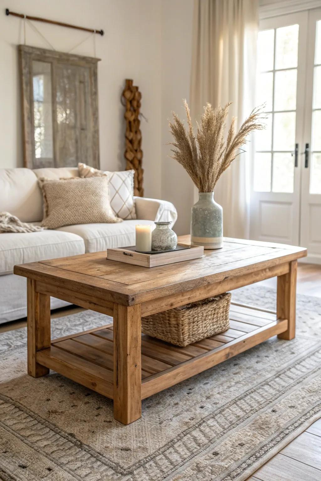 Soft, airy neutrals make reclaimed wood feel richer—modern country calm with crafted warmth.