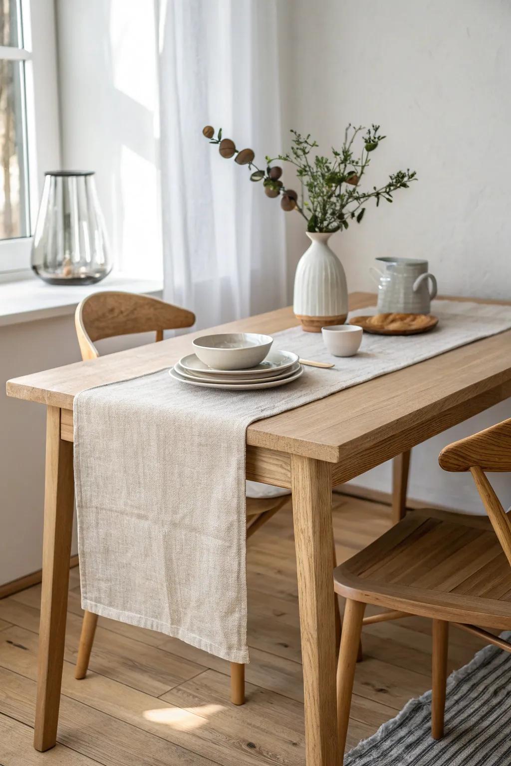 A neutral linen runner gives instant modern polish while letting the wood grain shine.