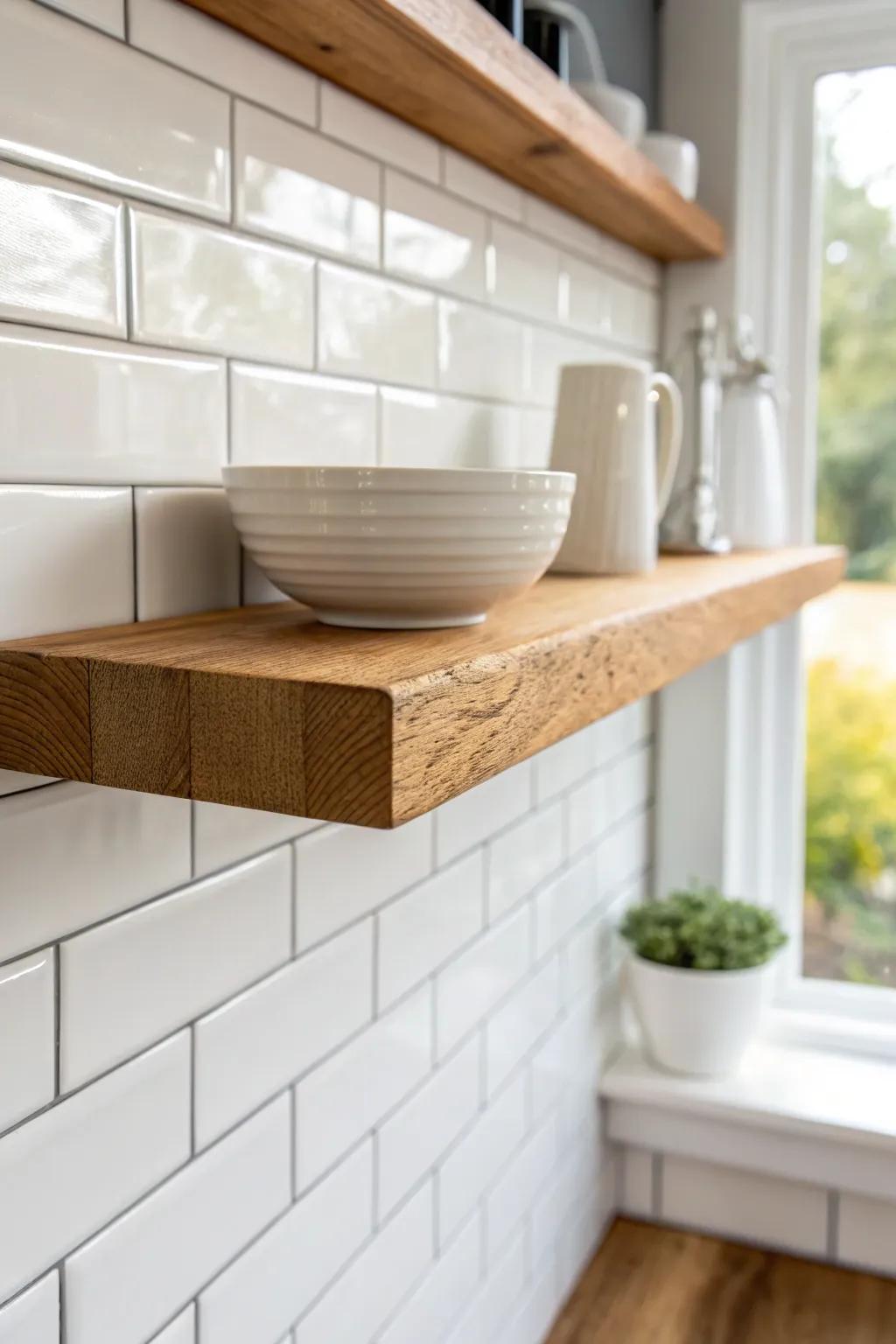 Classic white subway tile + warm oak shelf: the simplest modern farmhouse backsplash win.