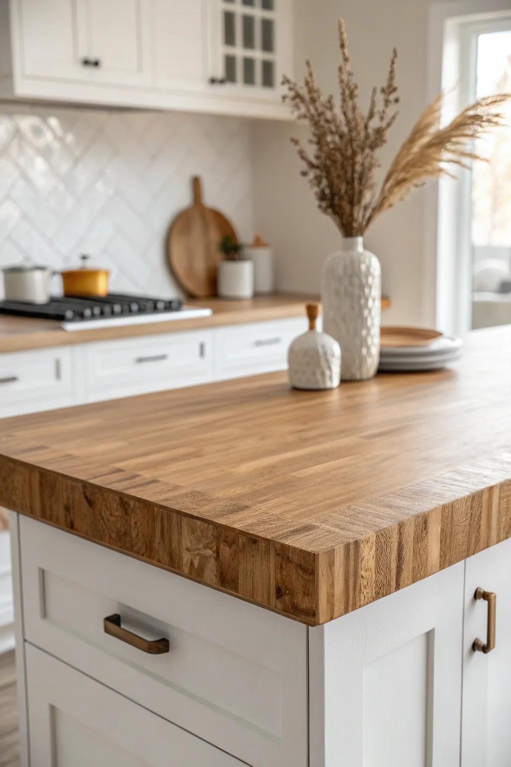 Butcher block warmth on the island, crisp stone around the edges—bright, modern farmhouse balance.