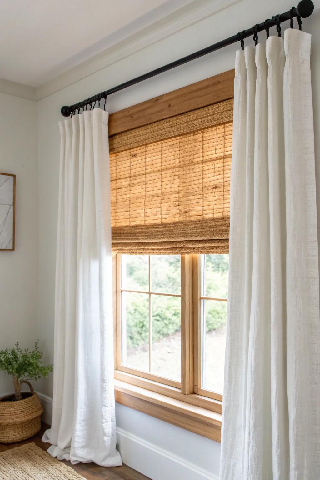 Earthy woven wood shade + bright white linen panels for an airy modern farmhouse window.