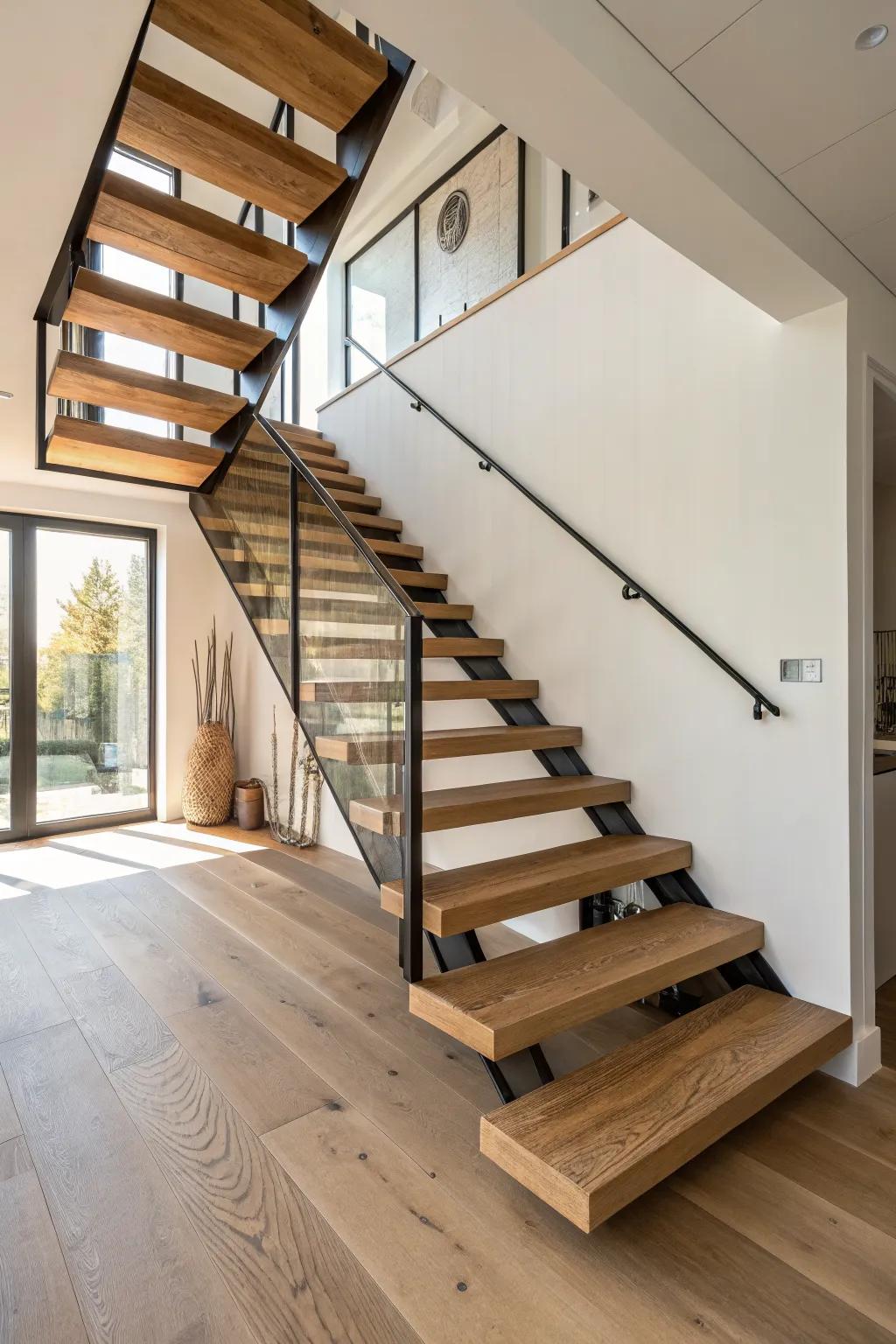 Classic mono-stringer floating stairs: warm wood treads on a sleek steel spine, airy and modern.