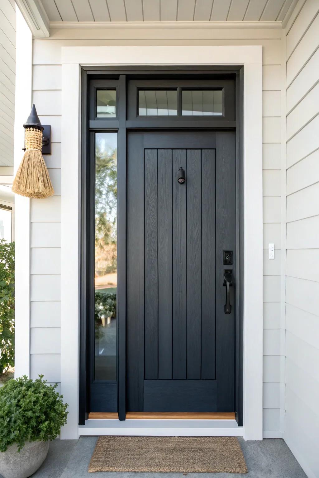 Crisp white trim framing a charcoal door—clean contrast that instantly elevates your entry.