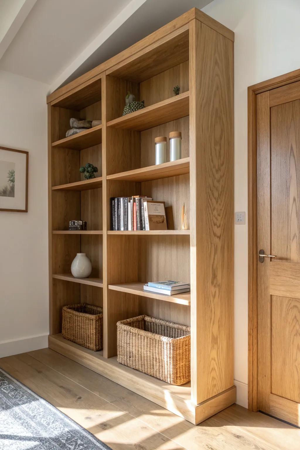 Floor-to-ceiling oak built-ins: minimalist, airy shelving with room to grow—true library charm.