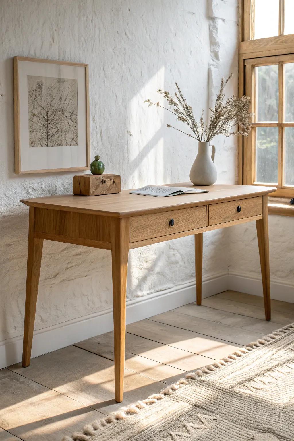 A clean-lined oak desk with a slim drawer—modern, calm, and beautifully clutter-free.