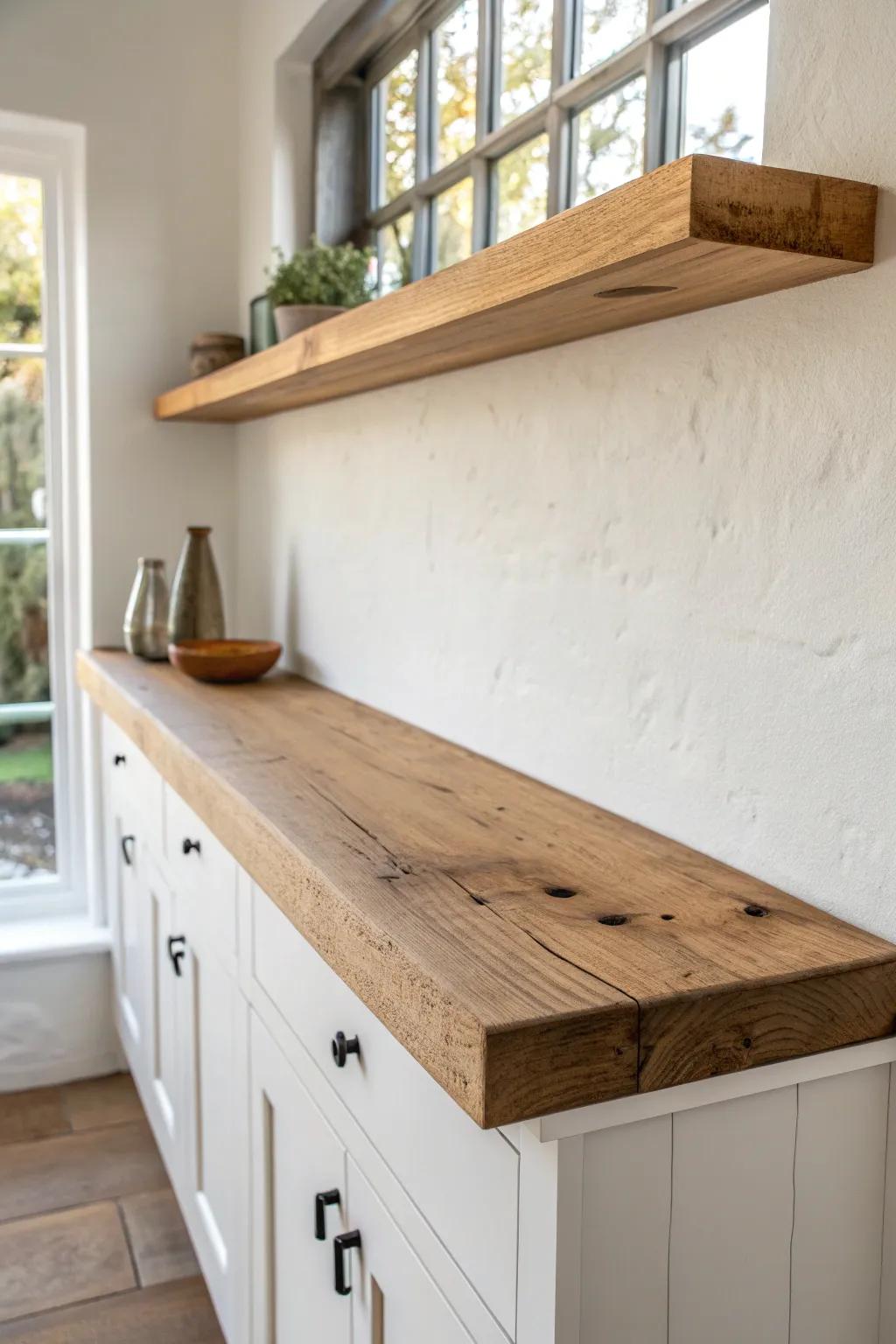 Classic reclaimed-wood floating shelf—matte sealed, clean-lined, and effortlessly modern.