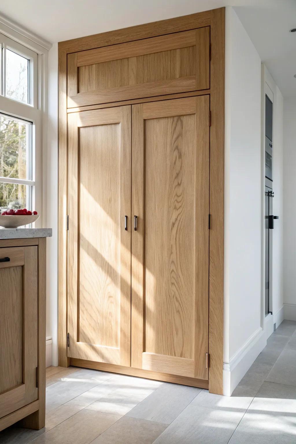 A cabinet-matched shaker pantry door that blends in—clean lines, warm oak, seamless style.