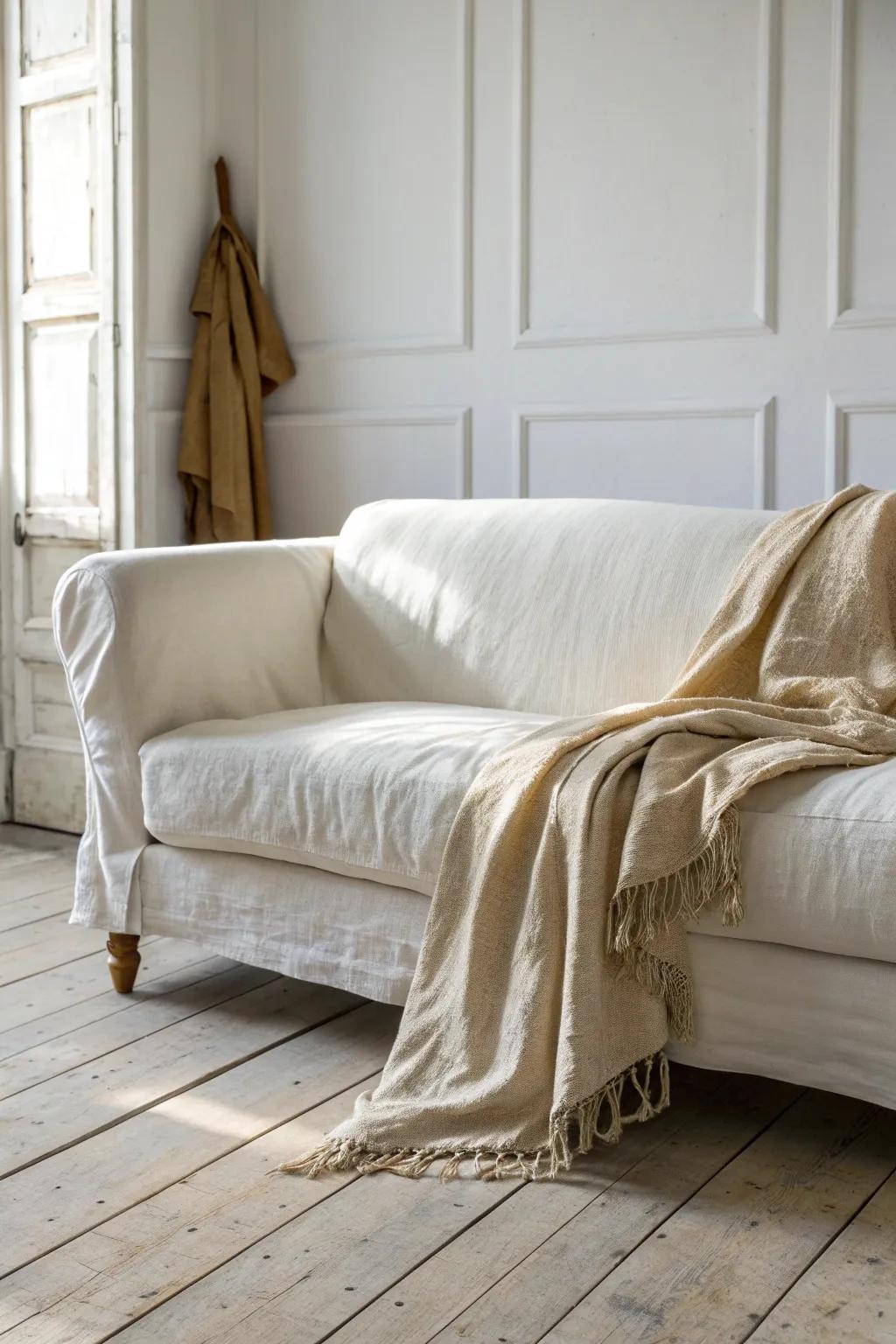 A white linen slipcovered sofa makes modern shabby chic feel airy, cozy, and easy to wash.