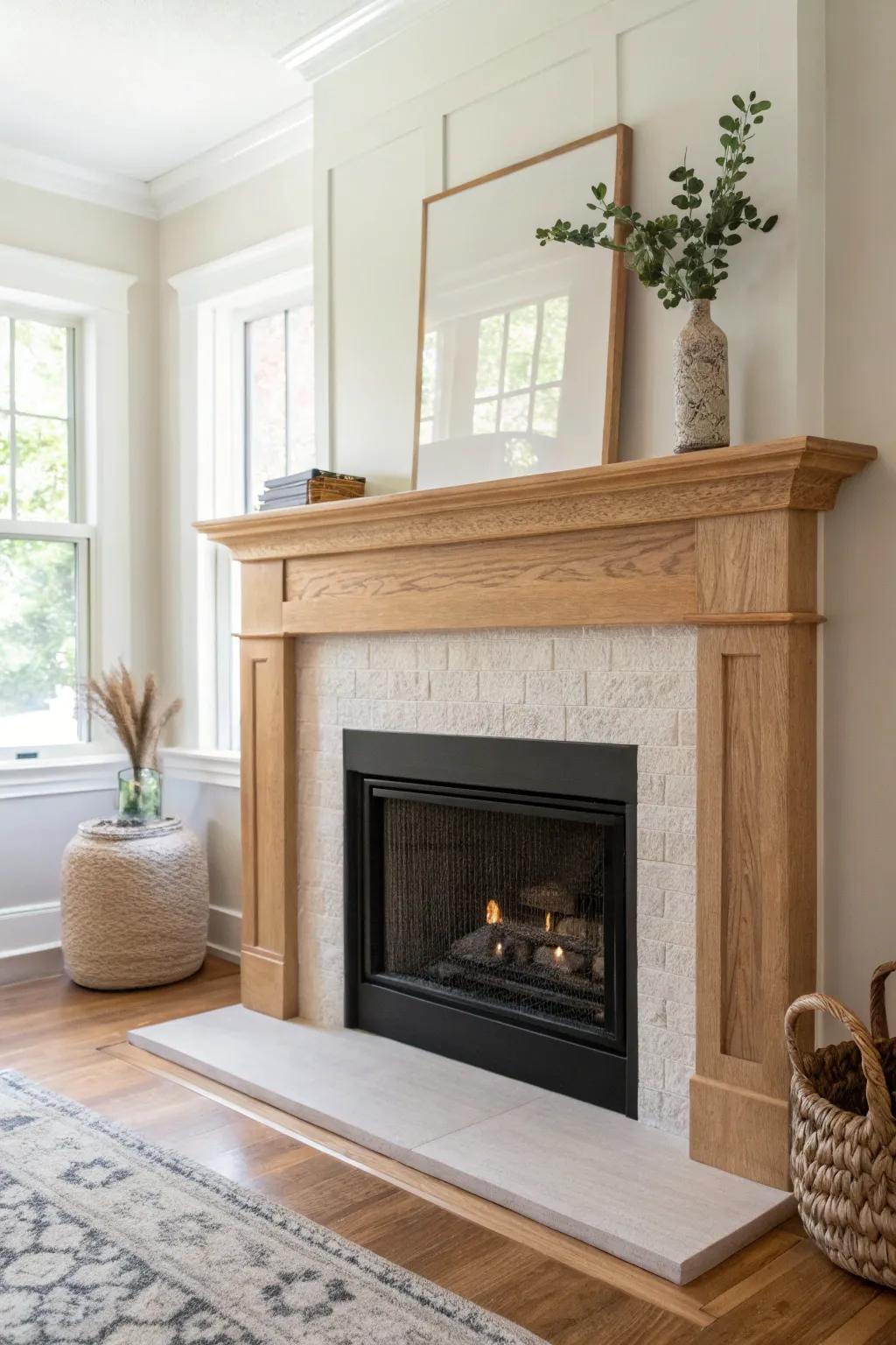 Let a refinished oak mantel fireplace anchor your modern-traditional living room with calm warmth.