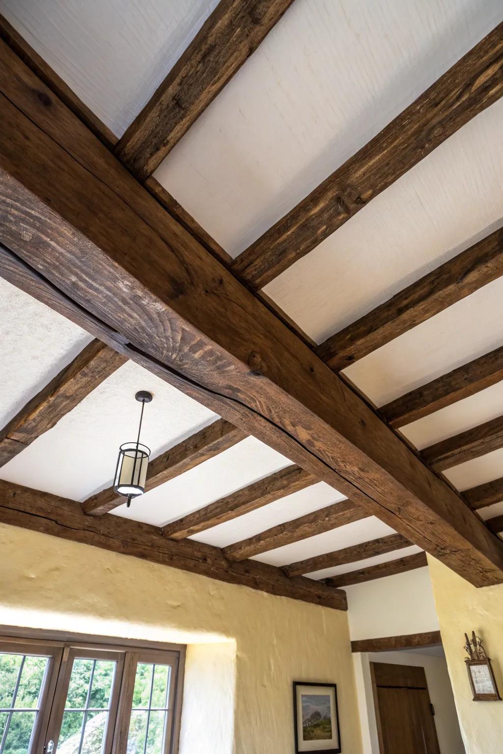 Dark oak beam on a soft white ceiling—modern Tudor warmth with airy Scandinavian calm.