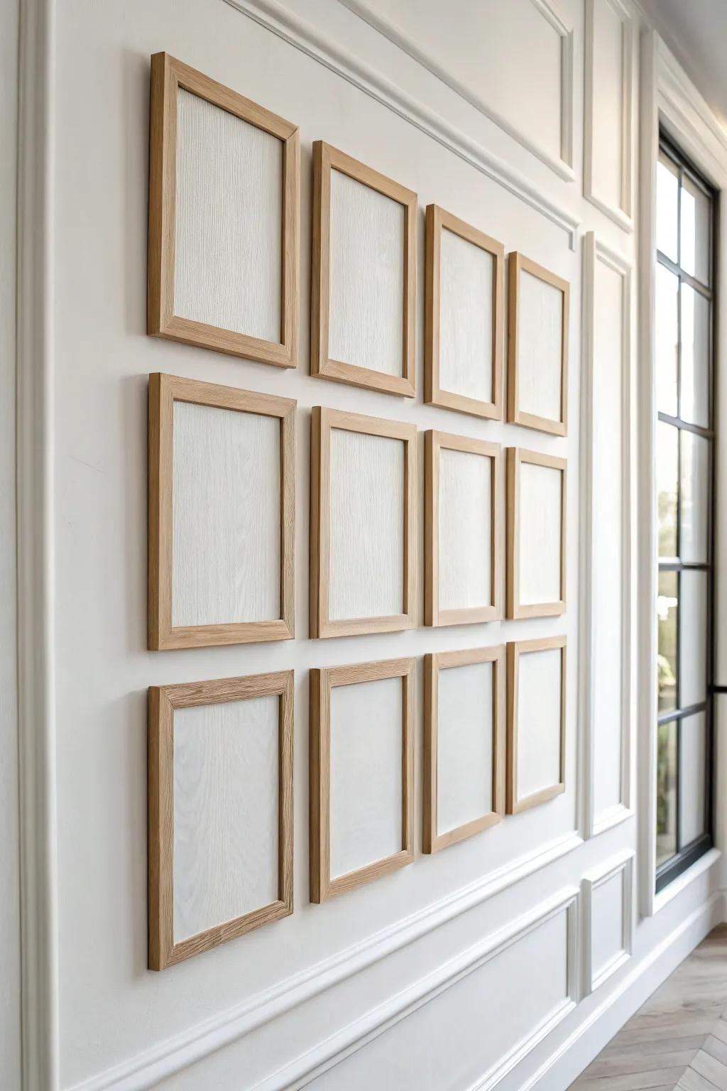 Classic picture-frame molding grid in pale oak—timeless geometry for a modern, custom wall.