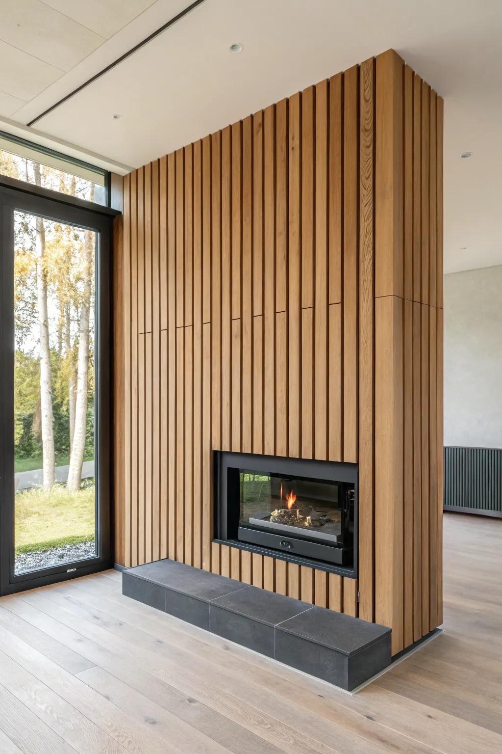 Floor-to-ceiling oak slats create a warm, modern backdrop for a crisp black firebox cutout.