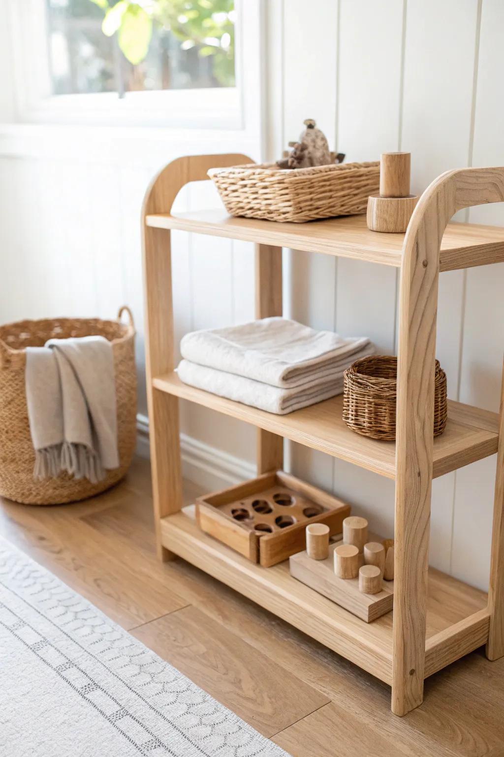 Classic low open Montessori shelf in natural wood—simple, shallow, and beautifully tidy.