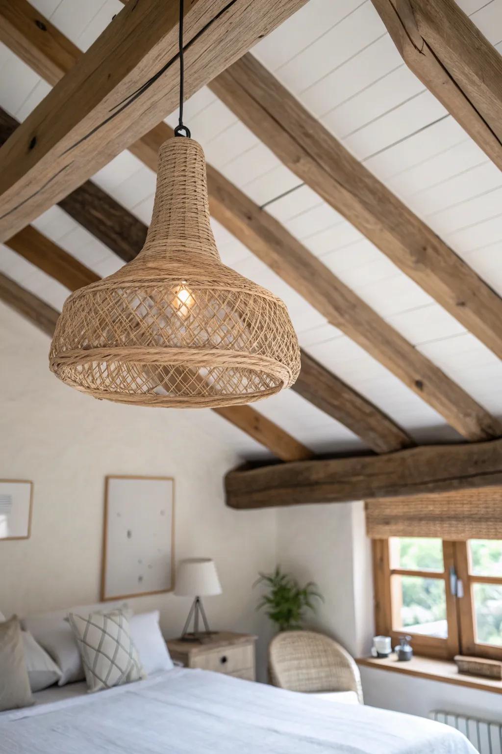 A vaulted mountain bedroom moment: warm exposed beams with a minimal boho pendant glow.
