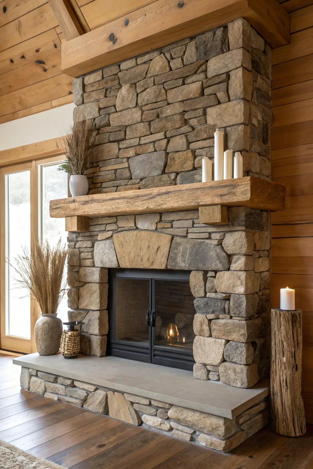Let a stone fireplace shine—top it with a chunky wood mantel and simple, nature-led styling.