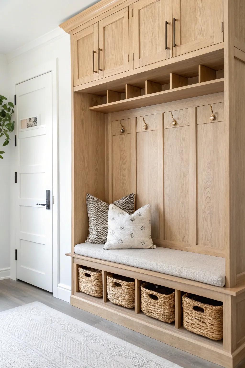Built-in mudroom cabinet wall with bench, brass hooks, and open cubbies for daily essentials.