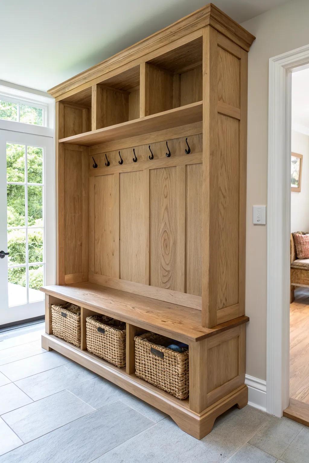 Classic hall tree bench wall in light oak—hooks, shelf baskets, and built-in charm.
