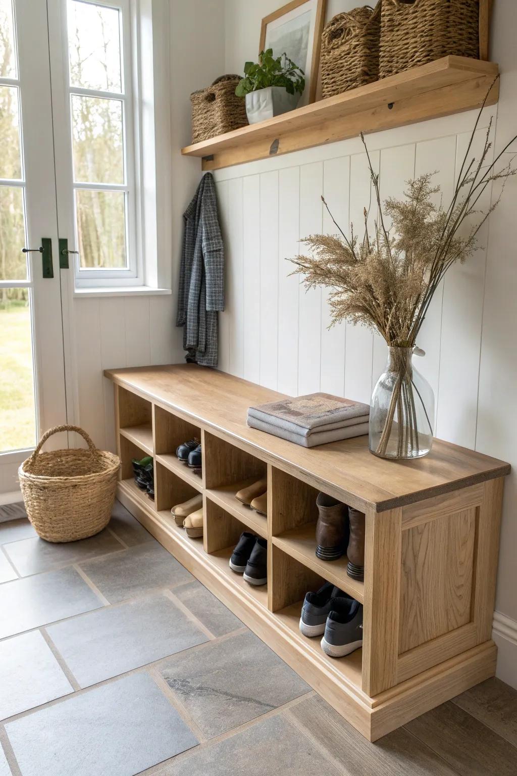A built-in bench with open shoe cubbies—clean, cozy mudroom order with warm wood charm.