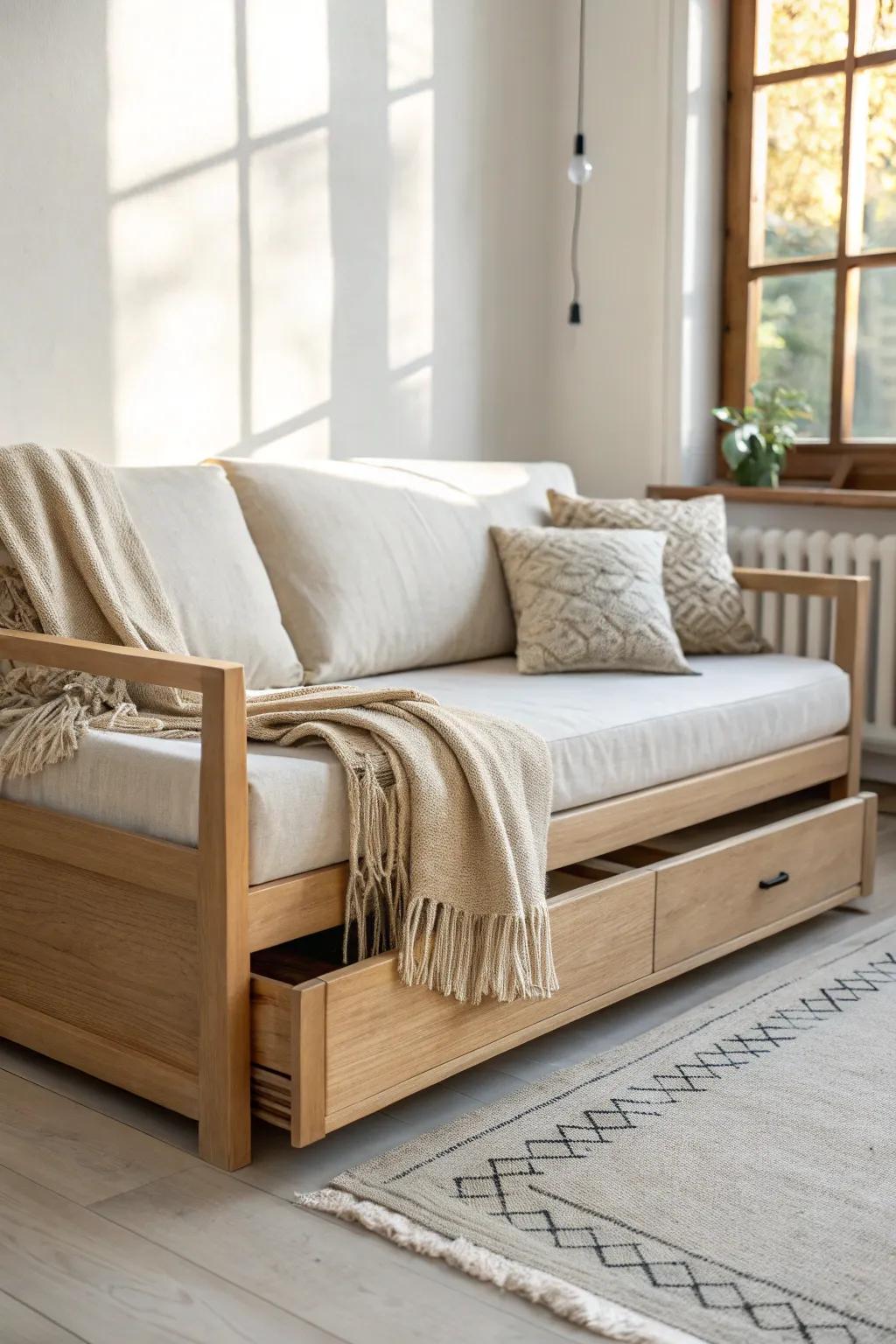 A clean oak sofa by day—pull it out at night for a beautiful, real guest bed.