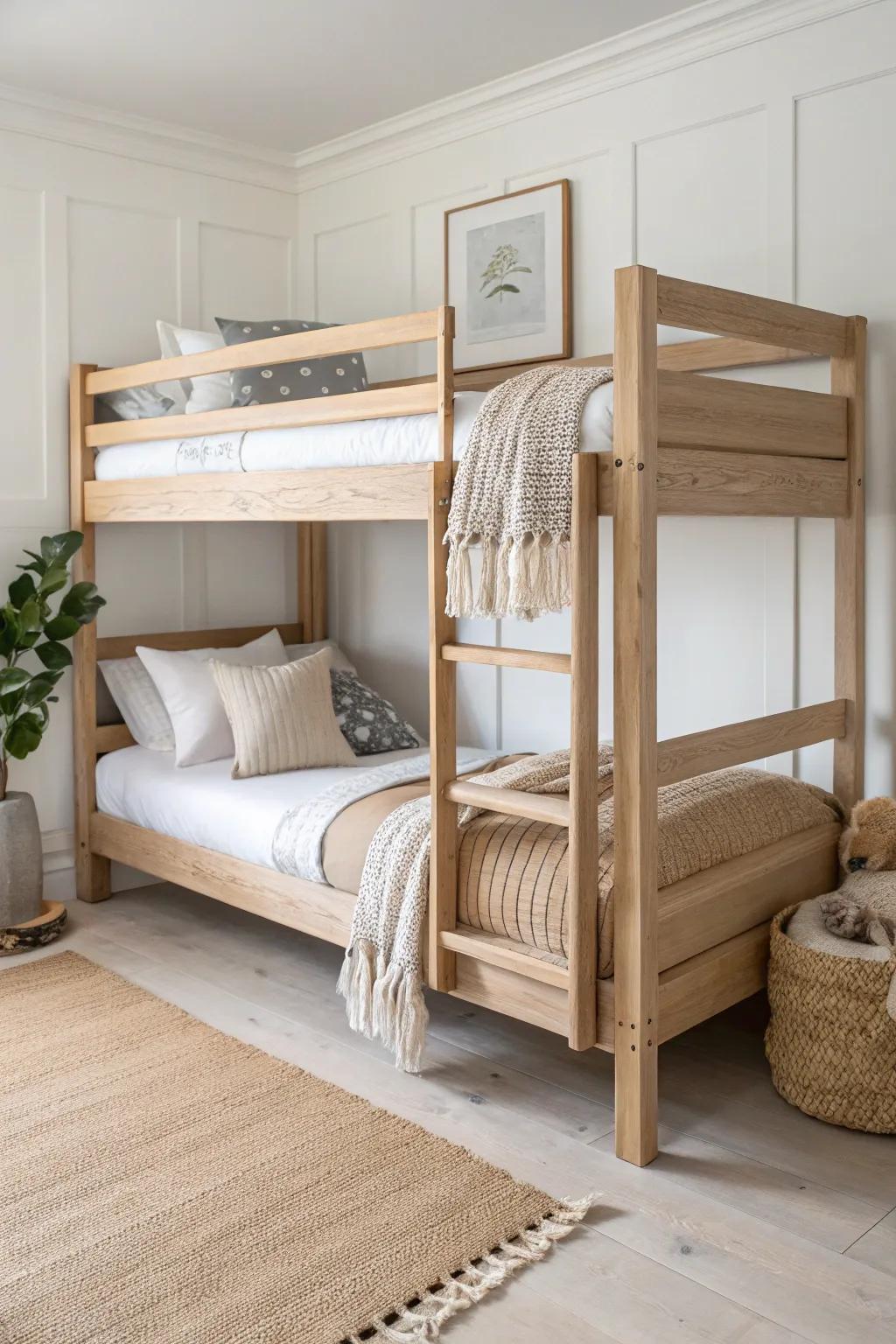 Classic wooden twin bunk beds: clean lines, calm styling, and the biggest space win in one room.