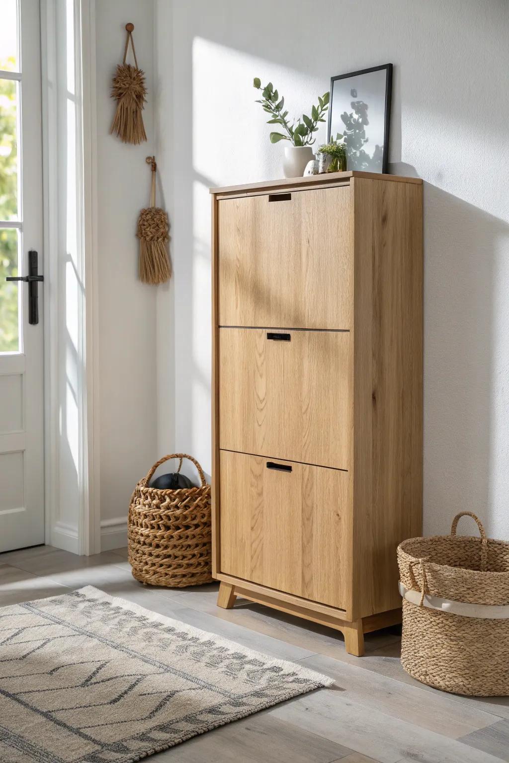 Slim tip-out shoe cabinet in light oak—hides daily shoe chaos without stealing hallway space.