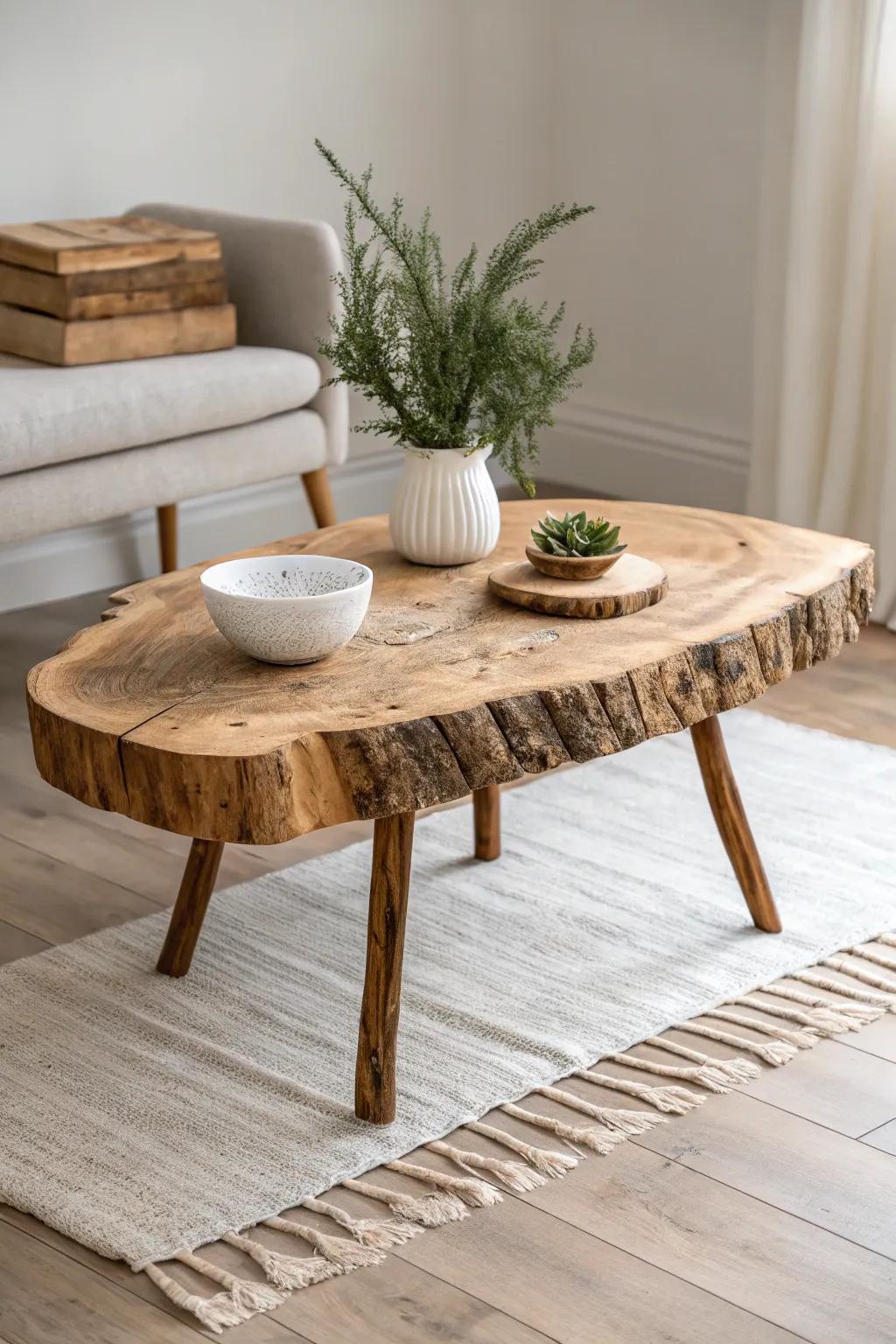 A live-edge coffee table styled simply—ceramic bowl and greenery let the grain shine.