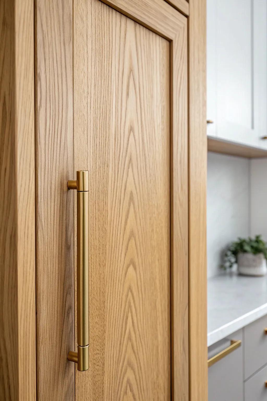 Natural wood cabinets with a low-sheen oil finish—warm grain, calm vibe, timeless beauty.