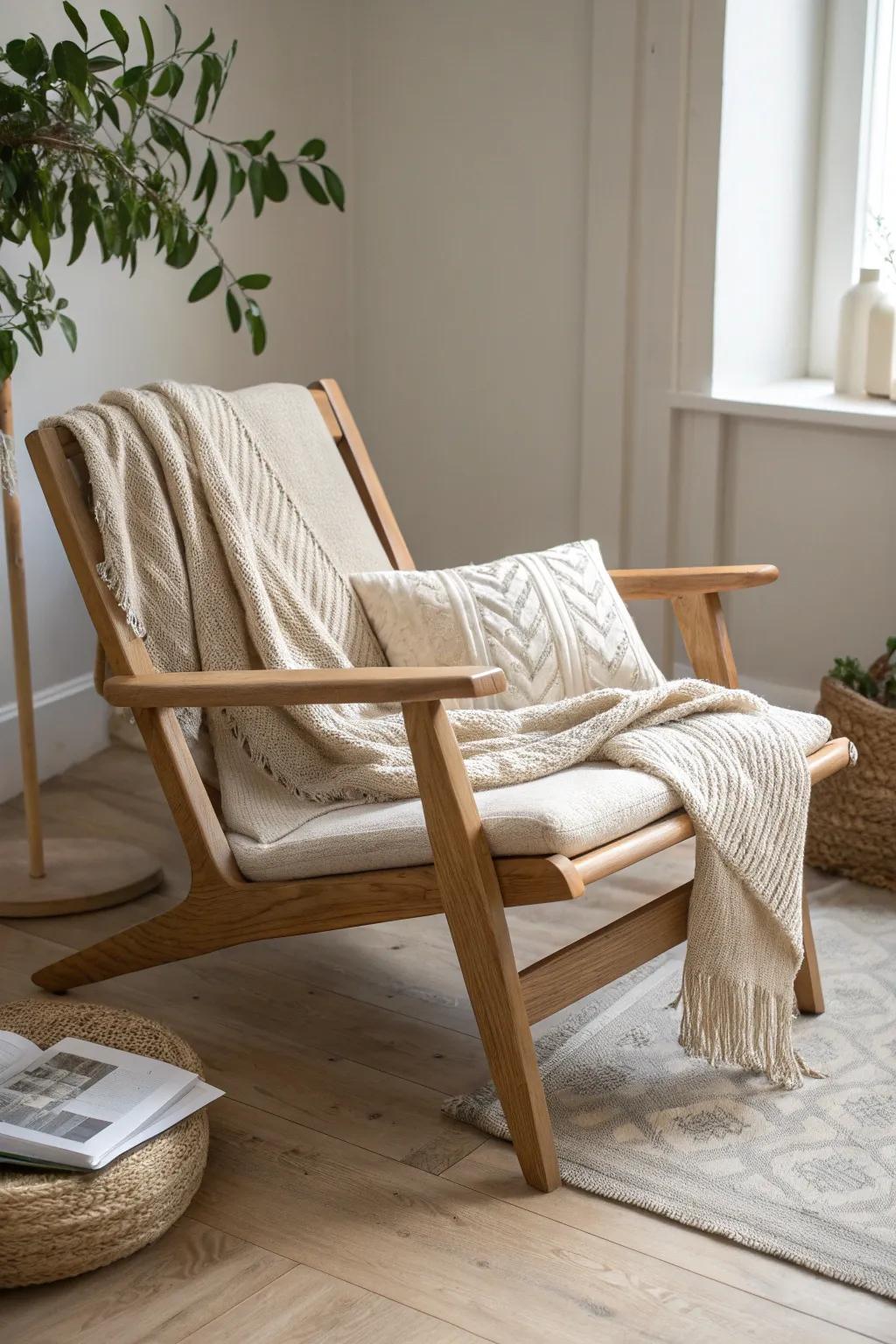 Layer warm neutrals on natural wood to let grain and texture become the focal point.