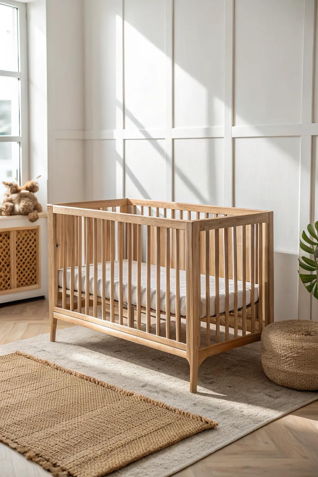 Let a pale-oak crib anchor your natural nursery with warm grain and airy minimal calm.