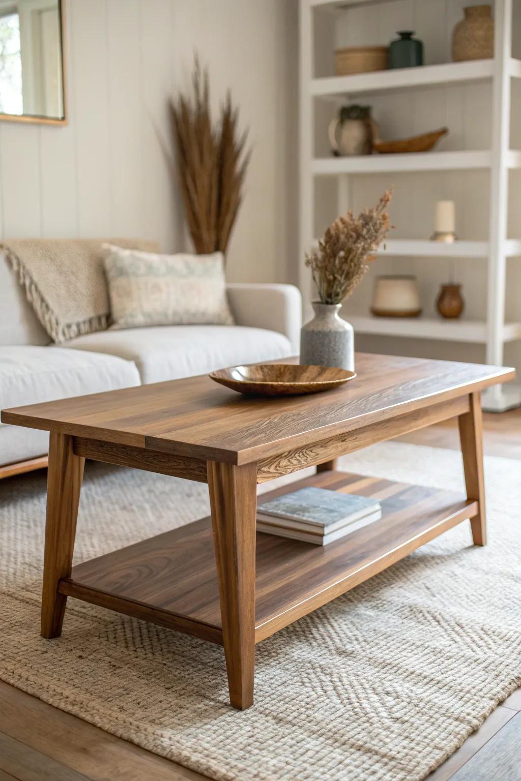 Layer warm wood tones: an oiled walnut coffee table in soft light for a calm, collected living room.