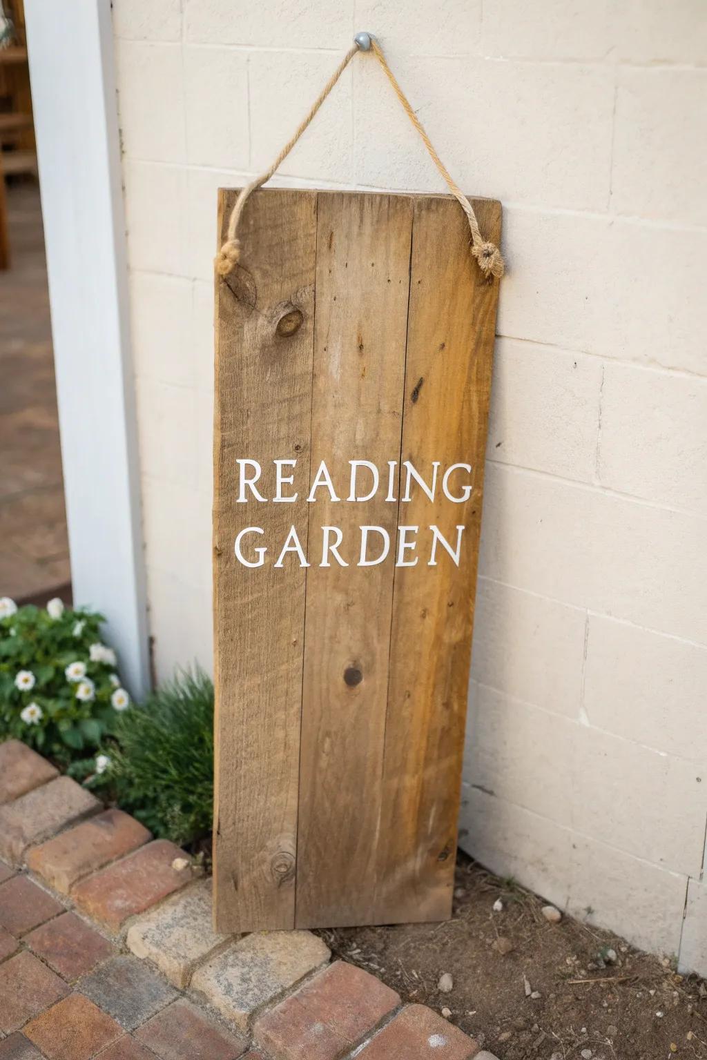 Reclaimed wood “Reading Garden” sign—simple stenciling, rustic grain, and cozy nature vibes.