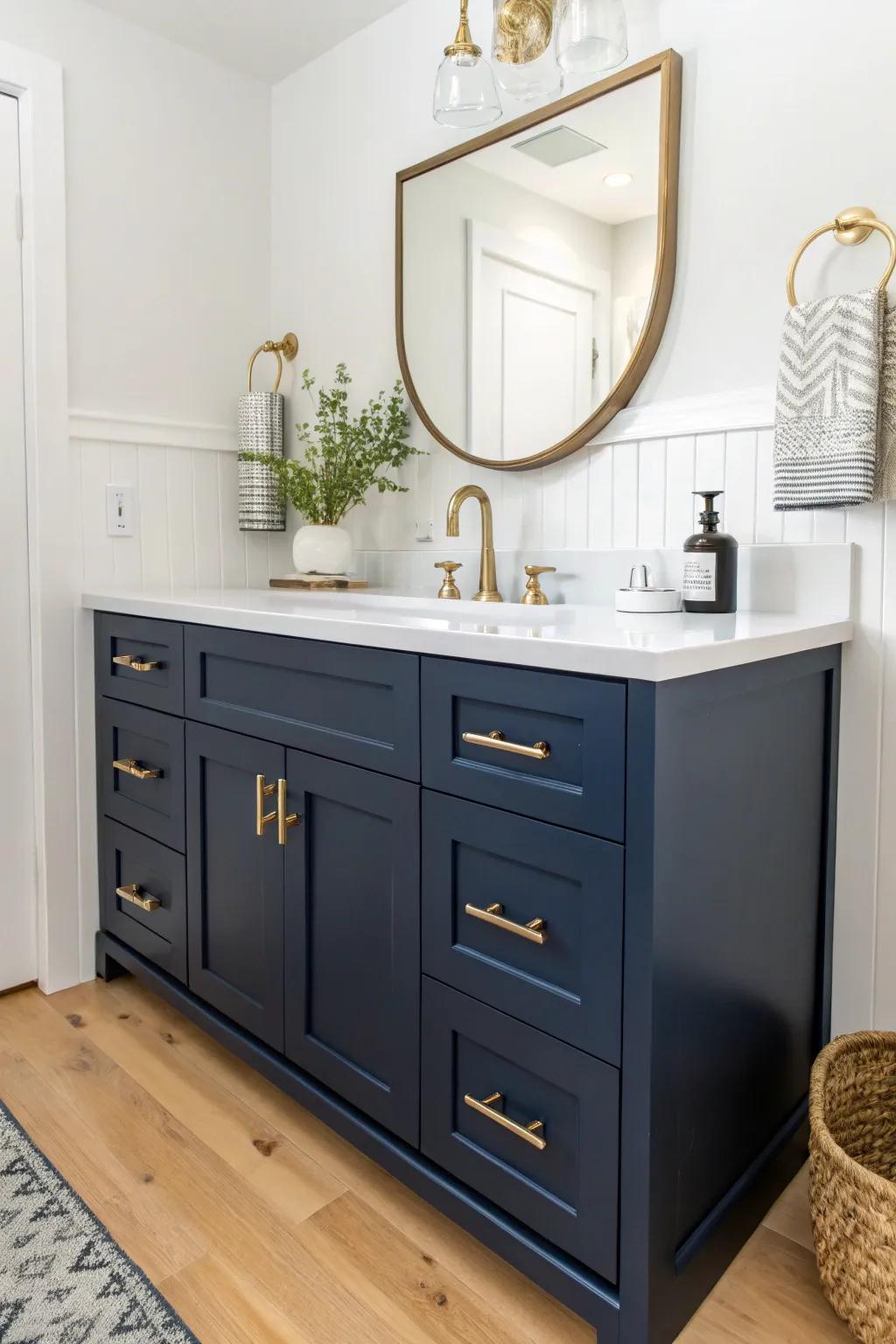 Timeless navy Shaker vanity with a bright white top—crisp, classic, and beautifully minimal.