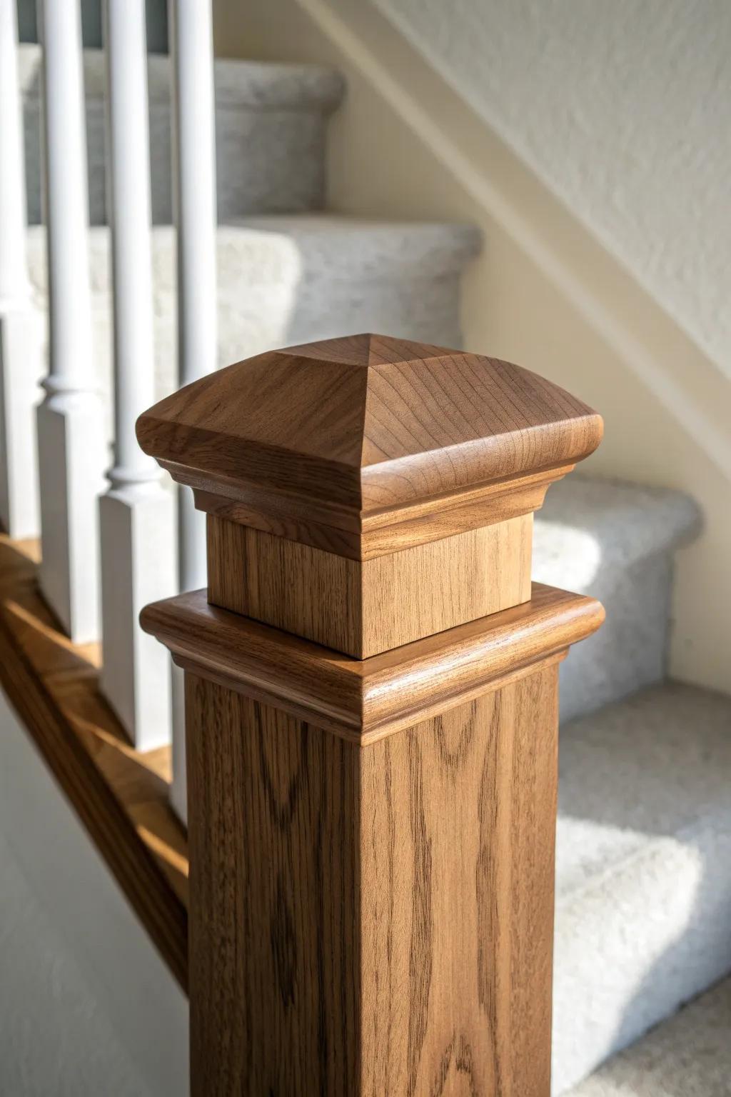 A classic square newel cap with eased edges—simple craftsmanship that looks instantly custom.