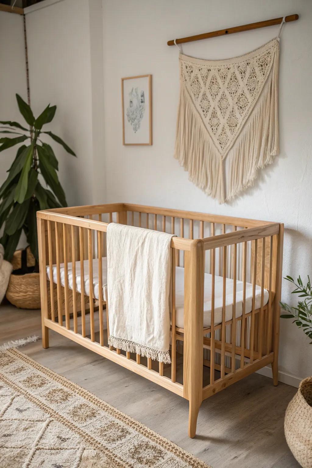 Place the crib on the longest wall and keep the styling simple for a calm nursery focal point.