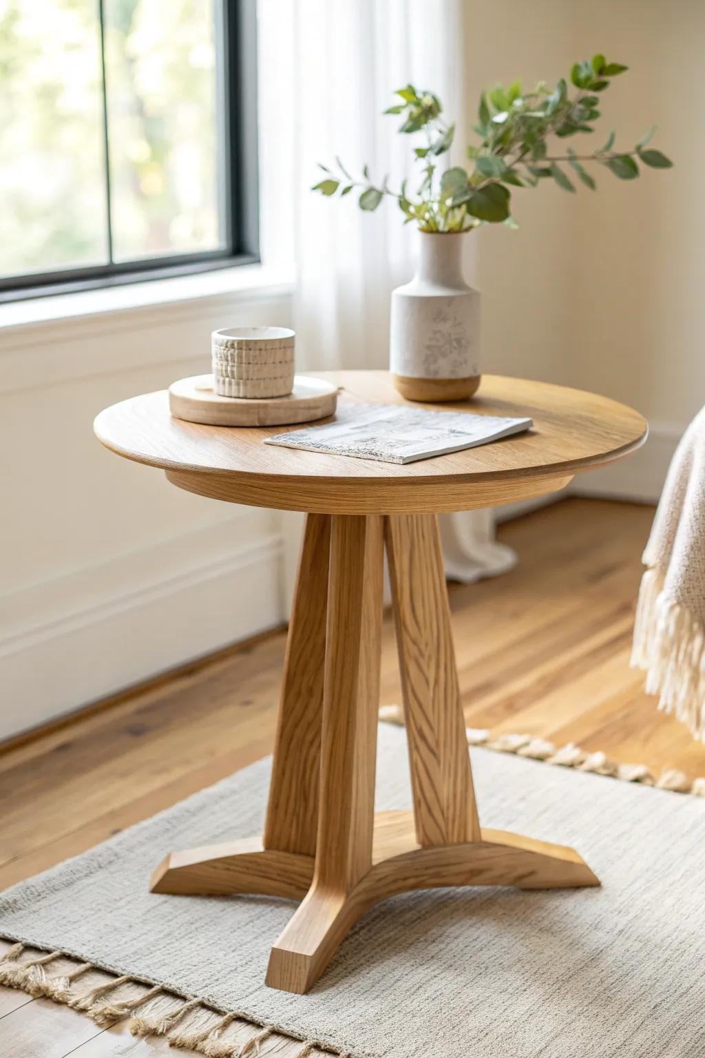 A small round pedestal table in light wood—soft edges, calm style, perfect by the glider.