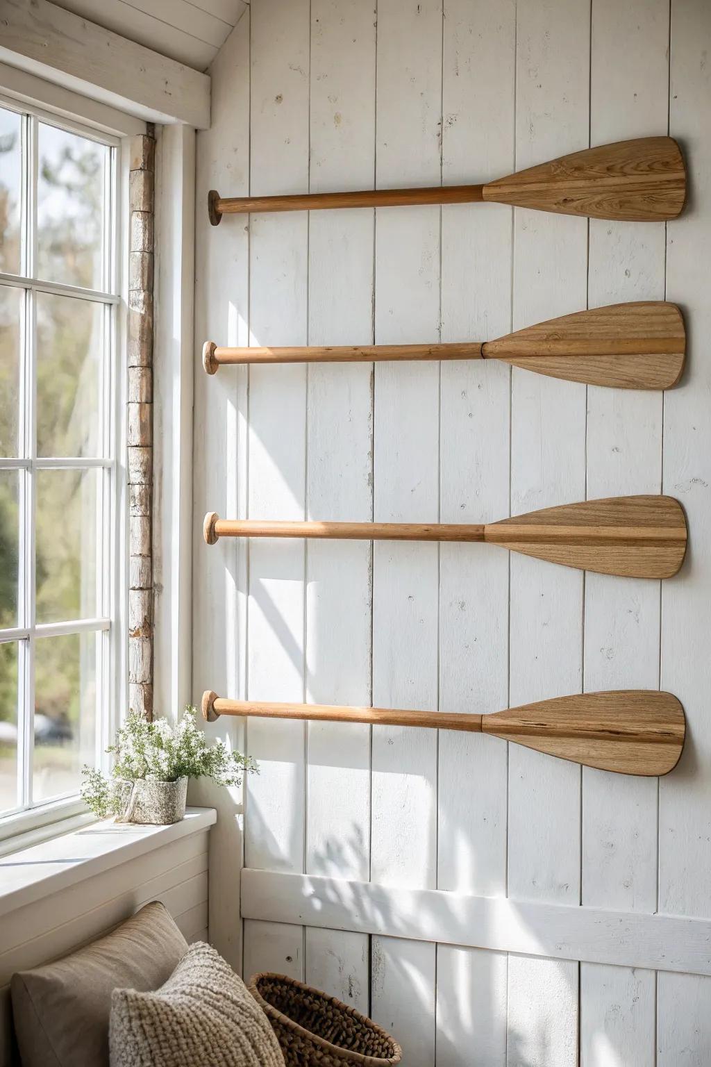 Classic horizontal stack of three light-stained wooden oars—simple, coastal, and intentional.